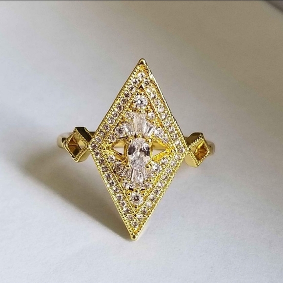 New 18K Gold Plated Lozenge Shaped Diamond Ring for Women - Picture 1 of 7